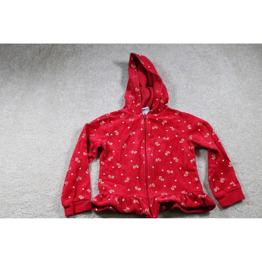 Healthtex Hoodie Girls 4T Red Gold Bow Print Full Zip Hooded Ruffle Hem Jacket
